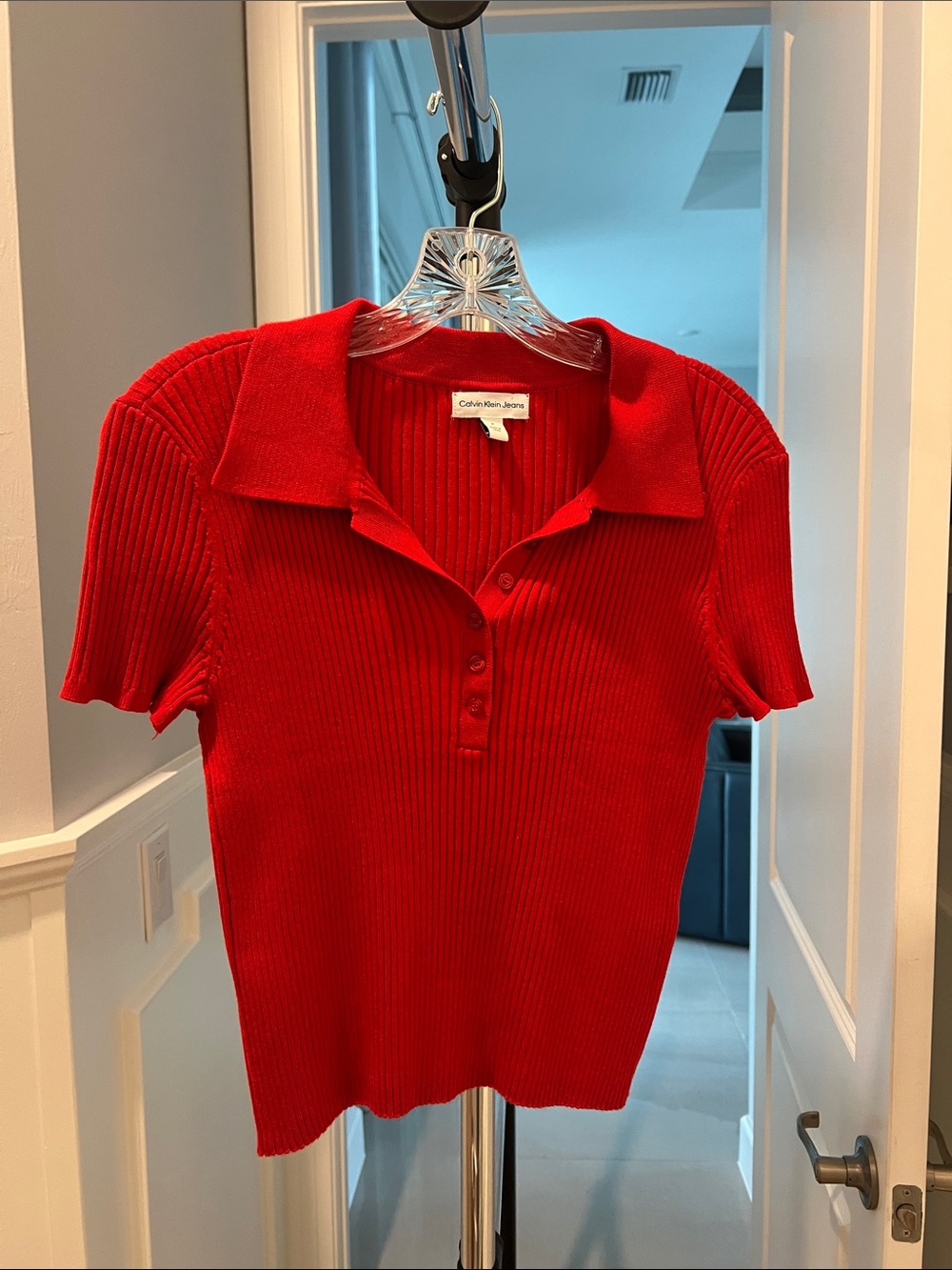 Calvin Klein Jeans Bright Red Ribbed Polo Tee